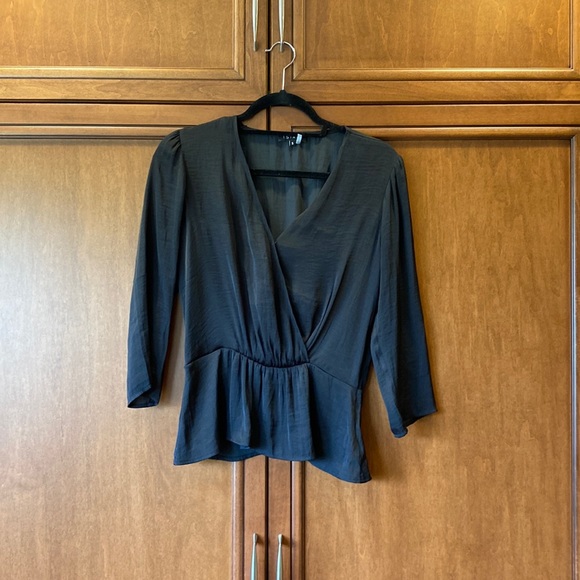 1. State black silky 3/4 sleeve faux-wrap peplum blouse - Picture 2 of 8